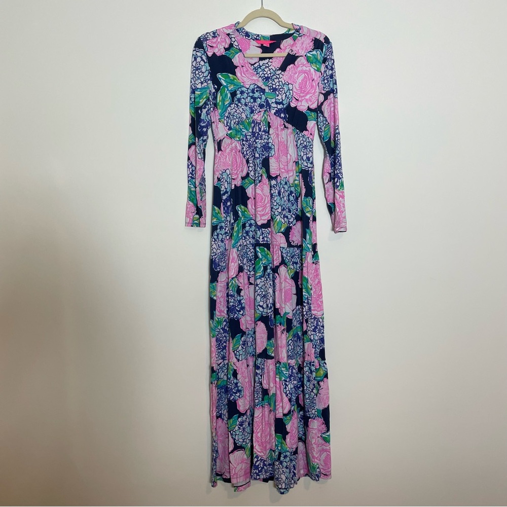 Lilly Pulitzer Navy Pink Green Floral Long Sleeve Maxi Dress